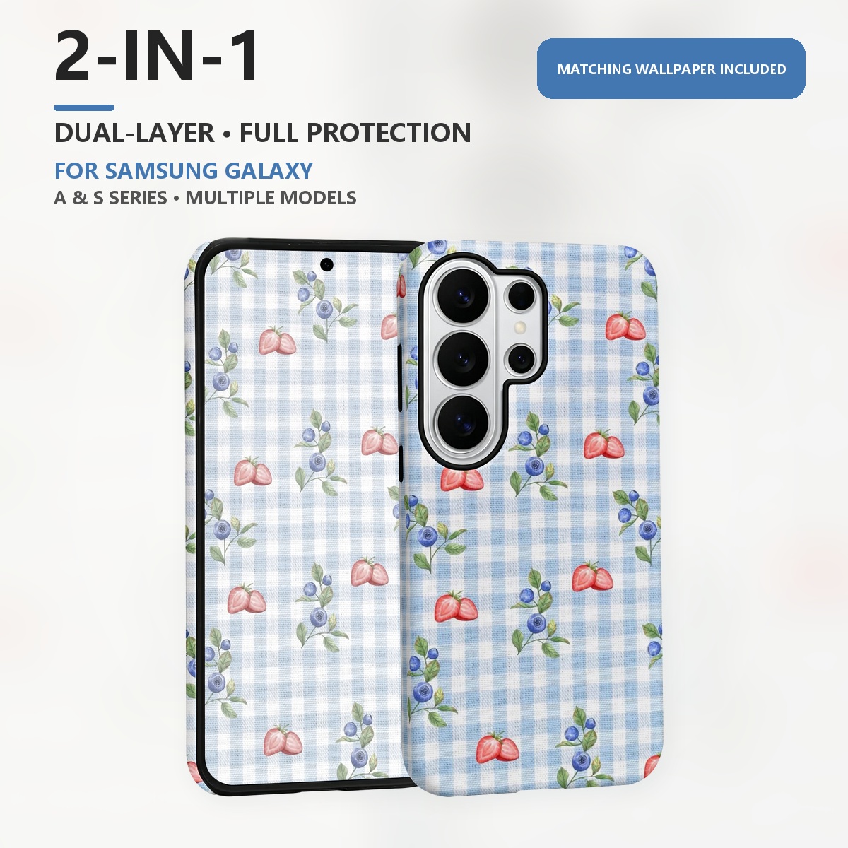 Samsung Galaxy S24 - เคสโทรศัพท์แบบสองชั้น 2-in-1 ลายบลูเบอร์รี่ สตรอว์เบอร์รี่ ลายตารางกิงแฮม สำหรับ