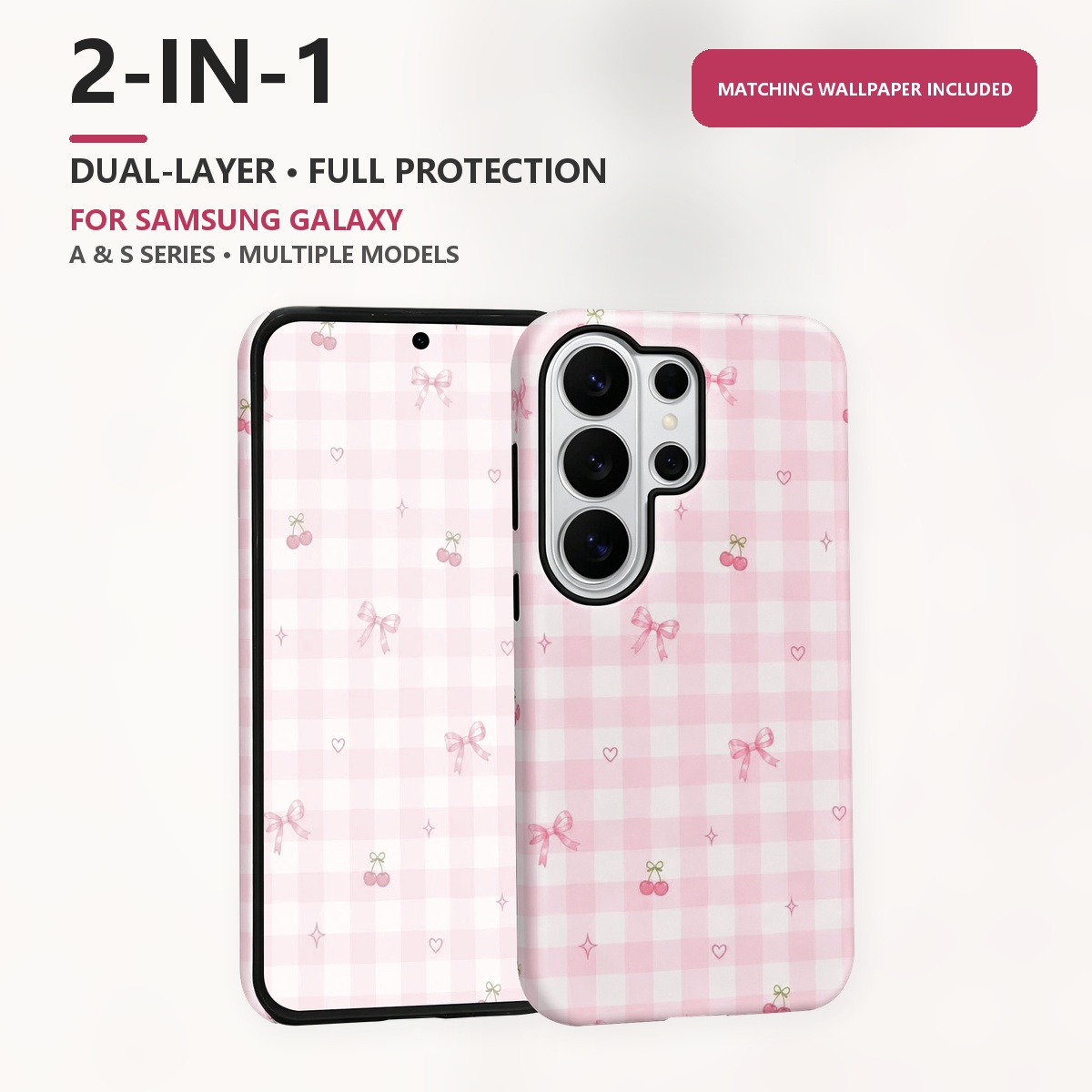 Samsung Galaxy S24 - เคสโทรศัพท์แบบสองชั้น 2-in-1 ลายตารางสก็อตสีชมพู สำหรับ Samsung Galaxy